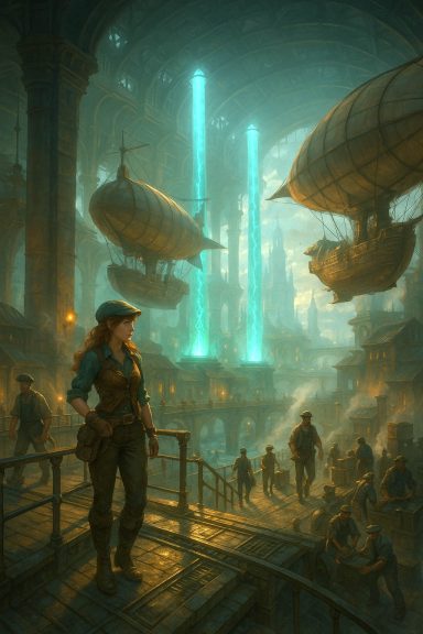 Ellie in einer Dockszene mit Luftschiffen